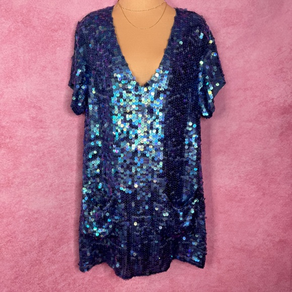 216. Free People Blue Sequin Mini Dress Deep V Pockets S - Picture 1 of 6